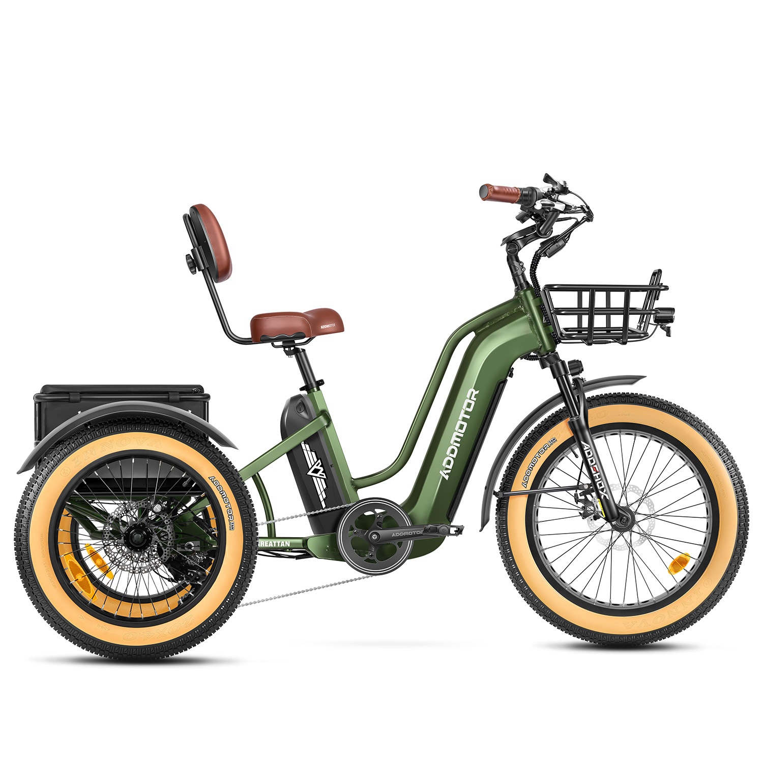 Addmotor Greattan Dual-Battery Electric Trike for Adult | Fat Tire Built-in Battery Design Electric Tricycle | Up to 160+ Miles Range | Army Green