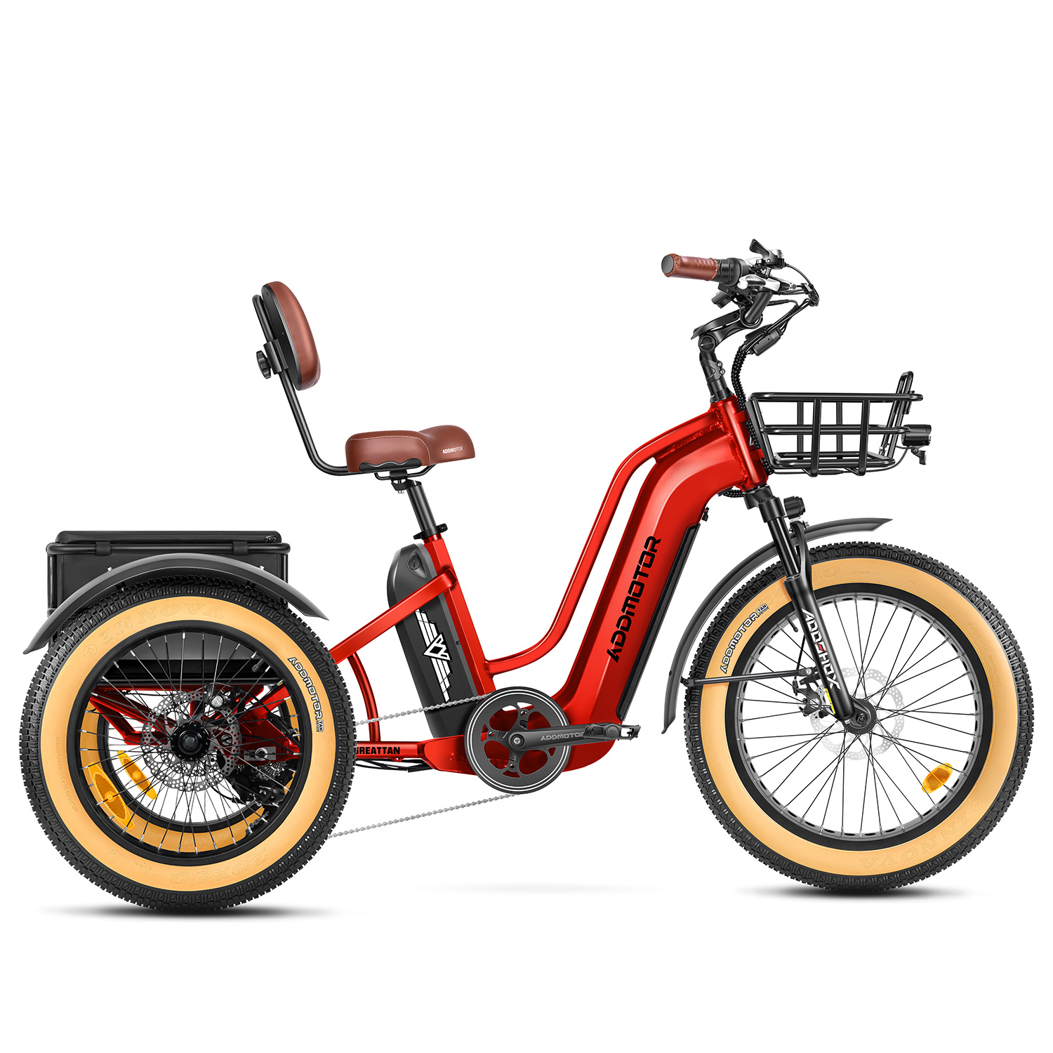 Addmotor Greattan Dual-Battery Electric Trike for Adult | Fat Tire Built-in Battery Design Electric Tricycle | Up to 160+ Miles Range | Red