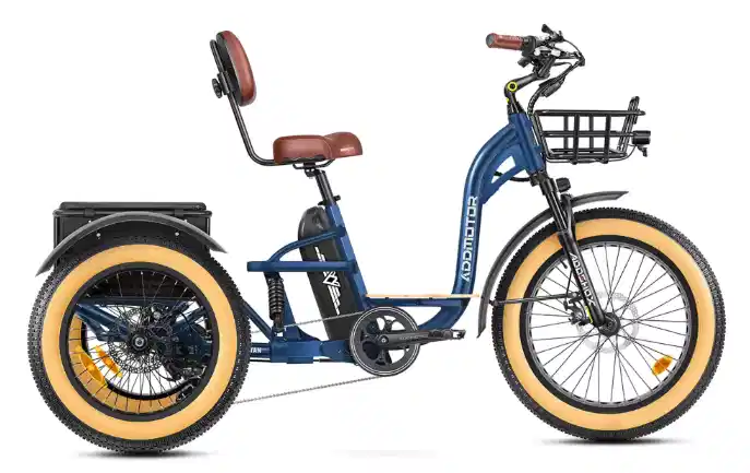 full suspension, 750 watt electric trike in blue