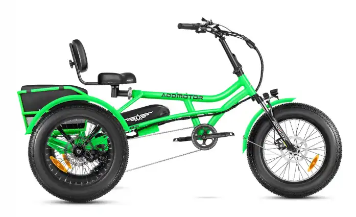 front suspension, 750 watt semi-recumbent electric trike in green