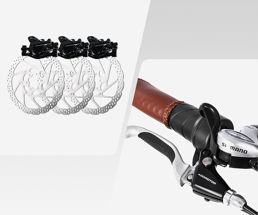 Addmotor M-380 Tandem eTrike mechanical disc brakes: Precise, responsive braking on all three wheels for safety.