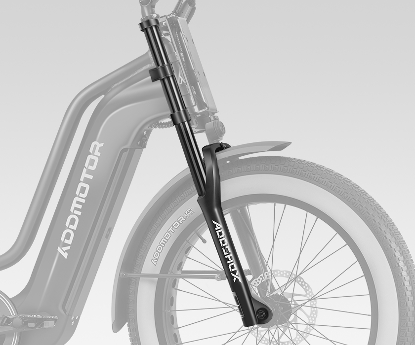 Addmotor M-380 Tandem eTrike 80mm front suspension fork: Absorbs shocks for stable, smooth rides on rough terrain.