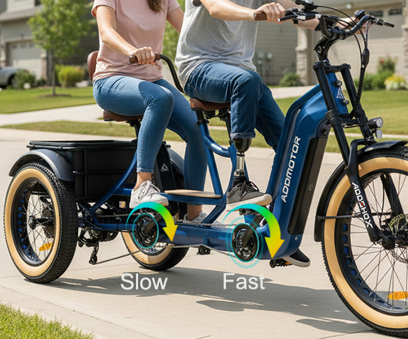 Innovative two person electric trike featuring flexible independent front and rear pedals for three riding modes.