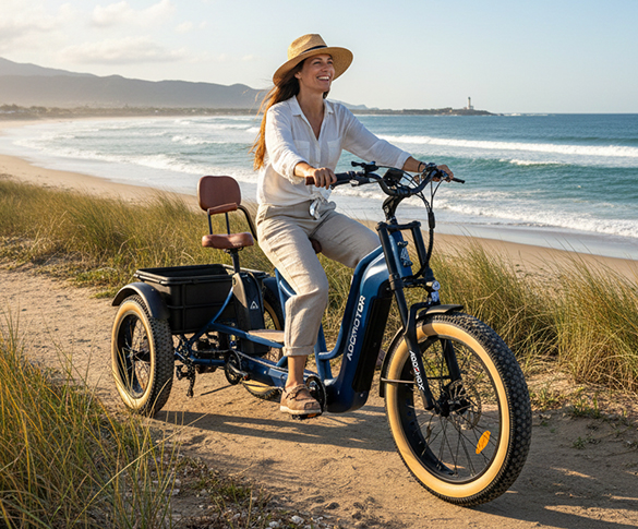 Addmotor tandem electric tricycle showing durable construction with comprehensive purchase support and a two year warranty.