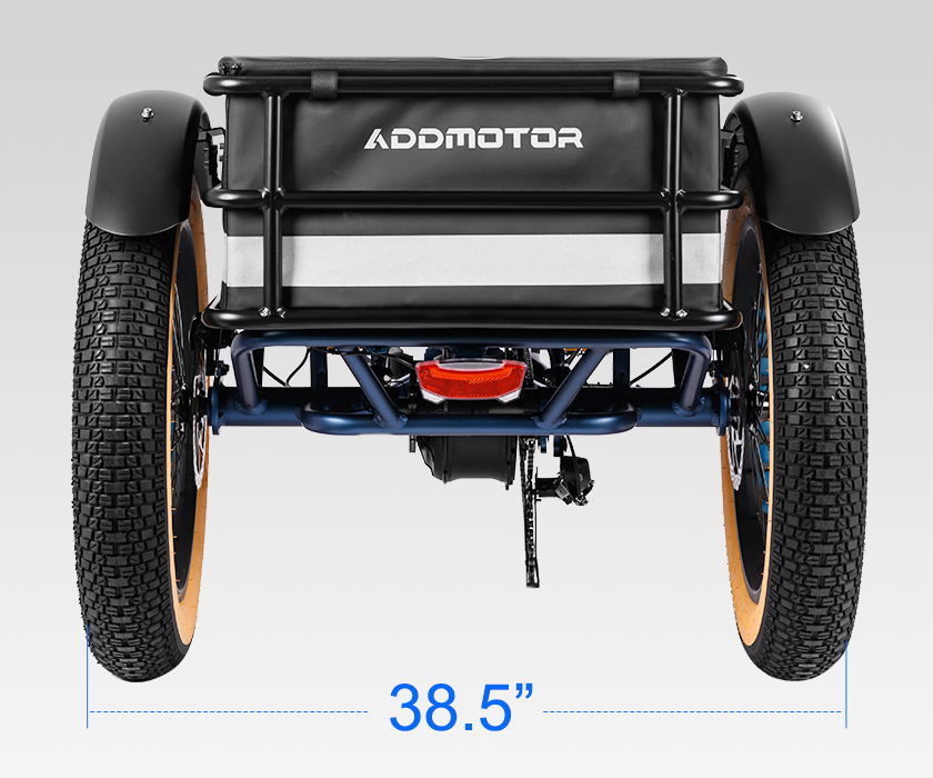 Stable 3 wheel electric trike showcasing a wide 38.5 inch rear track for maximum stability.