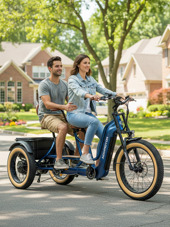A happy couple sharing a scenic road with absolute confidence on a stable two seater electric trike.