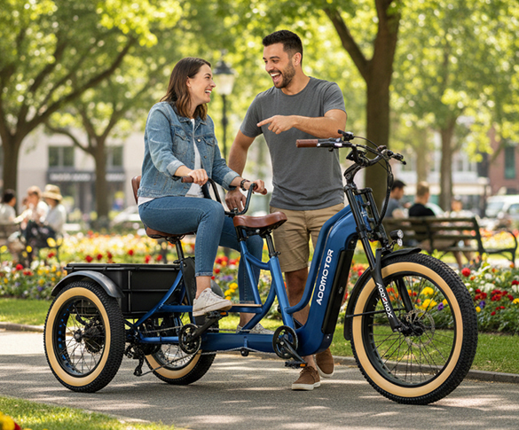 Approachable tandem electric trike designed with an easy low-step entry and a wide, predictable wheelbase for two riders.